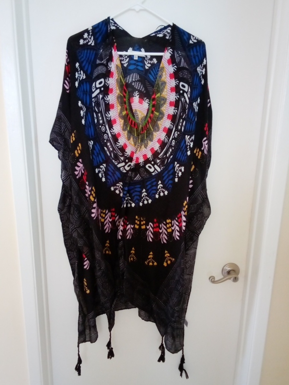 Woven Heart Black Kimono with Blue, Red, Yellow & Green Mandala